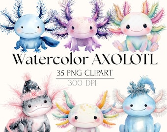 Set de imágenes PNG de ajolotes / Lindos ajolotes kawaii en tonos pastel, ajolotes de invierno y Navidad / Para scrapbooking y diario basura