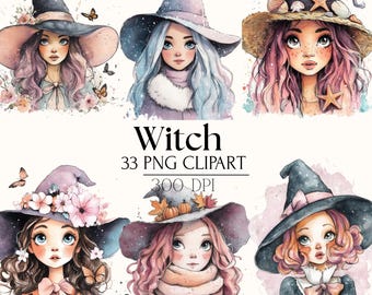 Cute Witch Girl Clipart PNG Bundle | Watercolor Kawaii Quirky Witch | Scrapbooking, Junk Journal