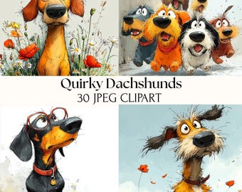 Op de afbeelding: Een verzameling grillige teckel illustraties. De afbeeldingen tonen cartoonhonden in verschillende poses, met levendige kleuren en expressieve kenmerken. De tekst "Quirky Dachshunds 30 JPEG CLIPART" wordt weergegeven.