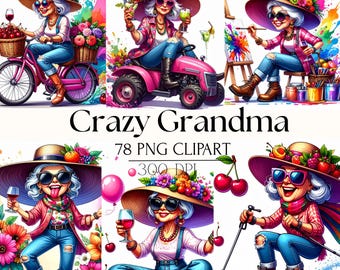 Paquete MEGA de imágenes prediseñadas de abuelas divertidas / Abuela aficionada / Mujer mayor loca PNG / Arte de anciana hippie - Scrapbooking, Diario basura