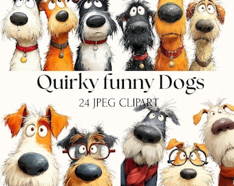 May include: A selection of cartoon dog illustrations with diverse expressions. The dogs are depicted in various colours, including white, orange, black, and brown. The text "Quirky funny Dogs" and "24 JPEG CLIPART" is displayed below the dogs.