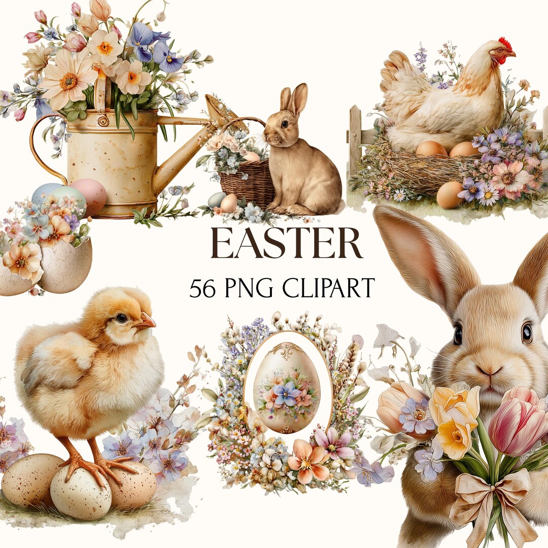 56 Watercolor Easter Clipart PNG Bundle, Spring Animals, Junk Journal ...