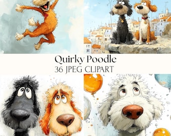 May include: A collection of whimsical cartoon poodle illustrations. The images feature dogs in various poses, with vibrant colors and expressive faces. The text "Quirky Poodle 36 JPEG Clipart" is displayed.