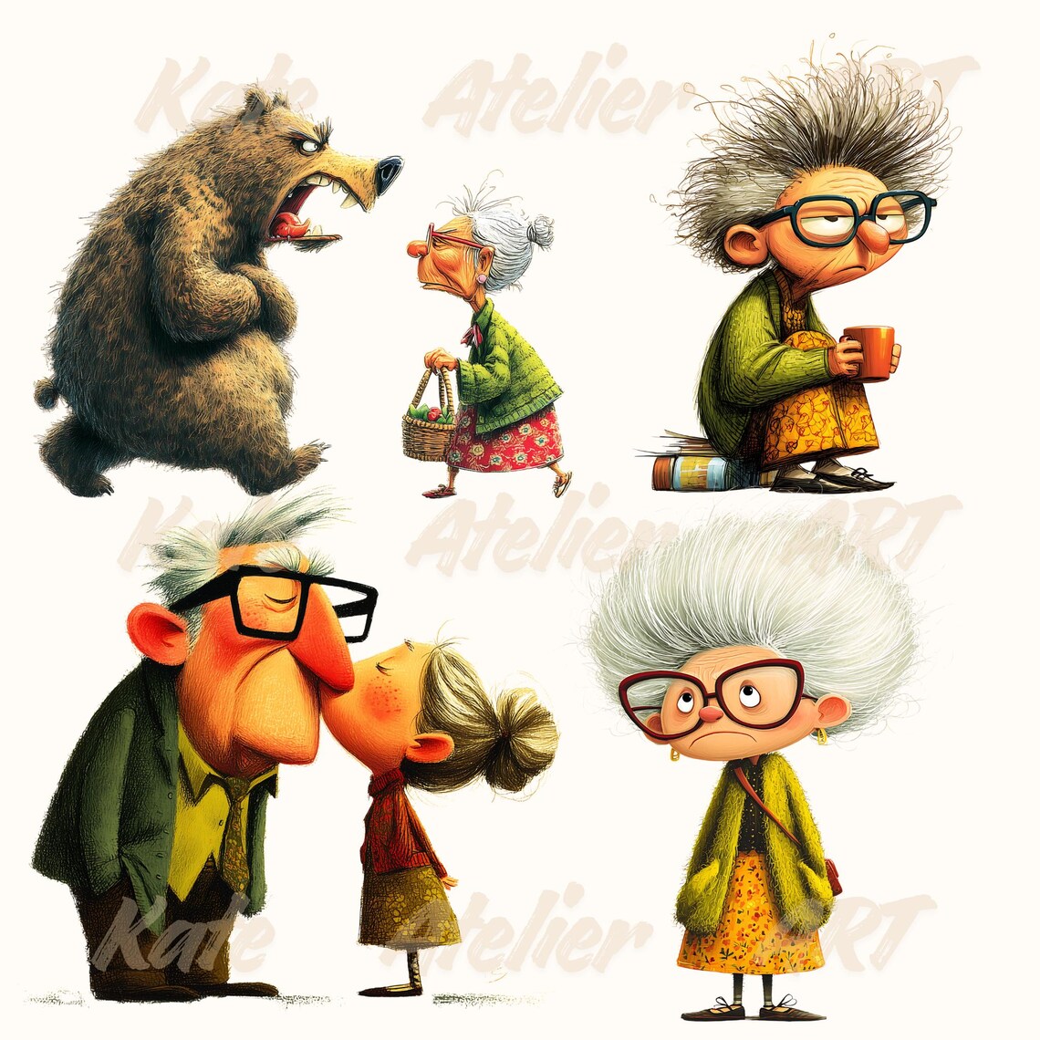Quirky Grandma Clipart PNG Set | Whimsical | Funny Grandma Art ...
