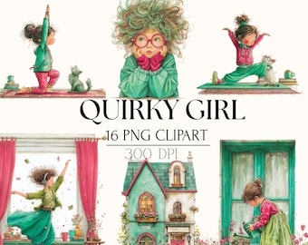 Quirky Girl Clipart | Whimsical Girl PNG | Scrapbooking, Junk Journal - Watercolor Cozy Home Illustrations