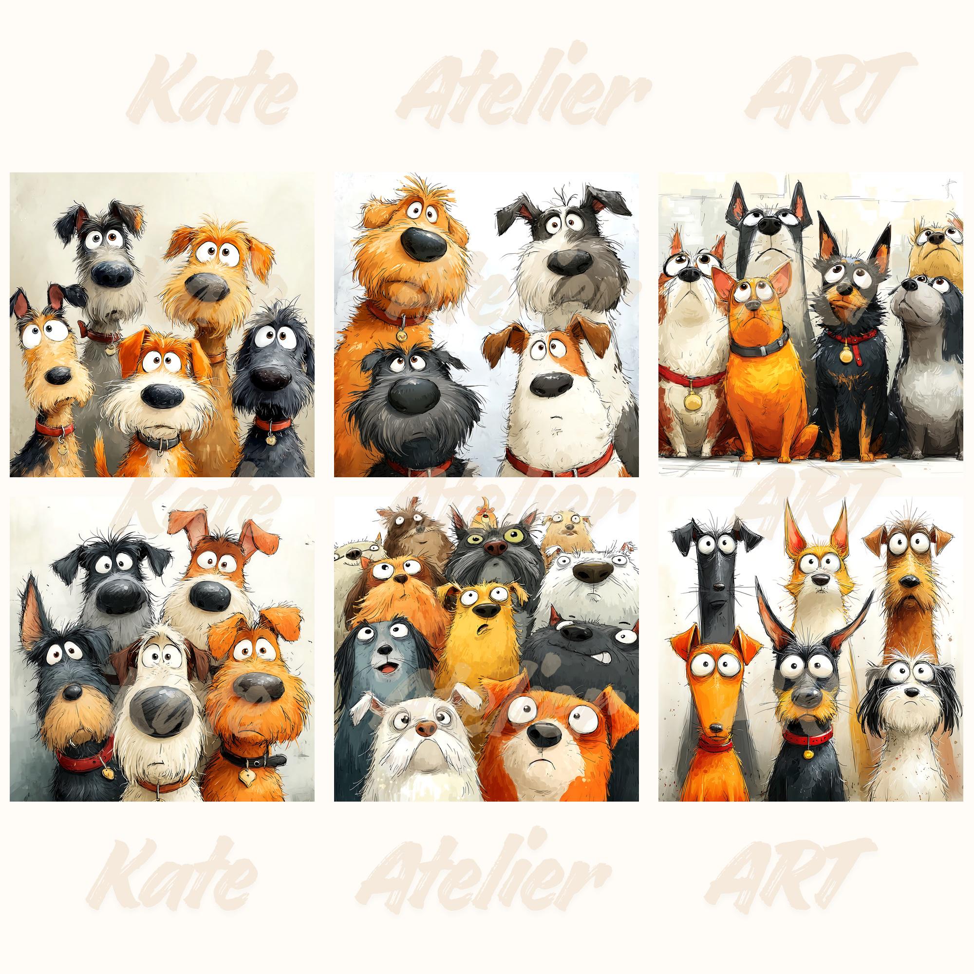 24 Quirky Funny Dogs - Whimsical Digital Illustration JPEG Bundle ...