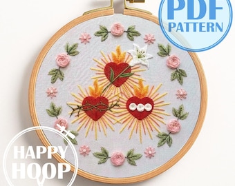 Tre Sacri Cuori della Sacra Famiglia. Ricamo cristiano, Schema per ricamo a mano in PDF