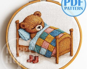 Orsetto addormentato, ricamo invernale accogliente. Schema di ricamo a mano in PDF, adatto ai principianti.