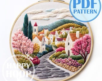 Pueblo italiano. Cuidado de cabañas, casa de pueblo. Patrón de bordado a mano en PDF, ideal para principiantes.