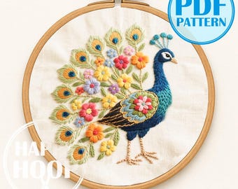 Pavone, uccello colorato. Semplice schema di ricamo a mano in PDF, adatto ai principianti.