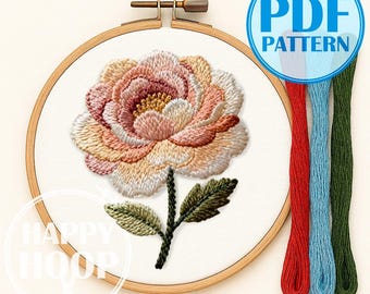 Grande peonia. Fiore rosa, un modello semplice per principianti. Schema di ricamo a mano in PDF.