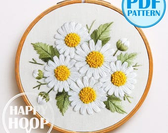 Margherite. Fiori di campo in fiore, un semplice schema di ricamo per principianti. Schema di ricamo a mano in PDF.