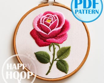 Rosa rosa. Grande fiore, un semplice schema di ricamo per principianti. Schema di ricamo a mano in PDF.