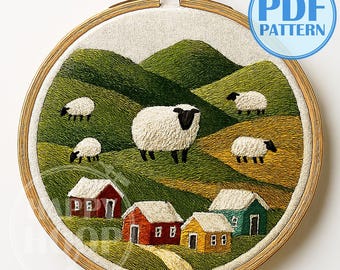 Pecore al pascolo. Un campo verde con pecore bianche. Schema di ricamo a mano in PDF, adatto ai principianti.