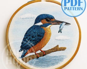 Uccello, martin pescatore con un pesce. Semplice schema di ricamo a mano in PDF, adatto ai principianti.