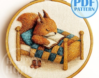Piccolo scoiattolo addormentato, ricamo invernale accogliente. Schema di ricamo a mano in PDF, adatto ai principianti.