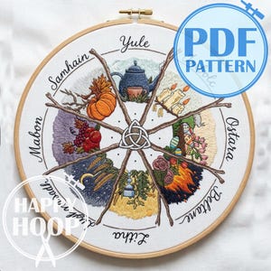 Op de afbeelding: Een ronde borduurring met een jaarwielontwerp op witte stof. Het ontwerp bevat acht segmenten met seizoensgebonden afbeeldingen, een centraal triquetra en de tekst Yule, Samhain, Mabon, Imbolc, Ostara, Beltane en Litha.