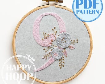 Numeri floreali, numero 9. 4 misure di telaio. Schema di ricamo a mano in PDF.