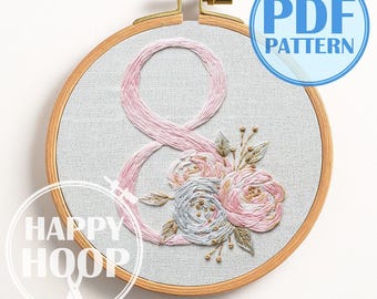 Numeri floreali, numero 8. 4 misure di telaio. Schema di ricamo a mano in PDF.