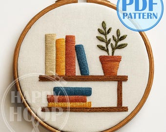 Libreria. Una mensola con libri, decorazione per la casa. Schema di ricamo a mano in PDF, adatto ai principianti.