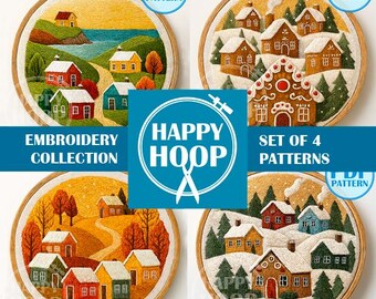 Pueblo Vacacional: Cuidado de cabañas, Escenas de la Naturaleza. Patrón de bordado a mano en PDF, Juego de 4 plantillas