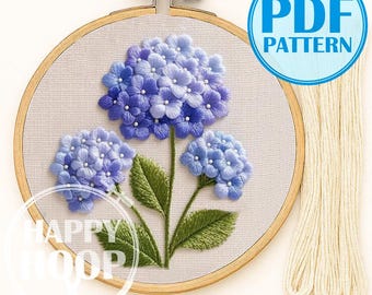 Ortensia. Fiori da giardino in fiore, un modello semplice per principianti. Schema di ricamo a mano in PDF.