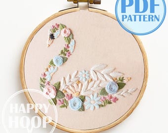 Cigno, ricamo floreale. Modello accogliente. Schema di ricamo a mano in PDF, adatto ai principianti.