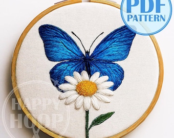 Mariposa sobre una flor. Mariposa cola de golondrina azul. Un jardín en flor. Patrón de bordado a mano en PDF, ideal para principiantes.