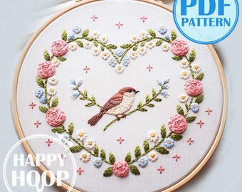 Cuore floreale, un uccellino tra le rose. Semplice schema di ricamo a mano in PDF, adatto ai principianti.