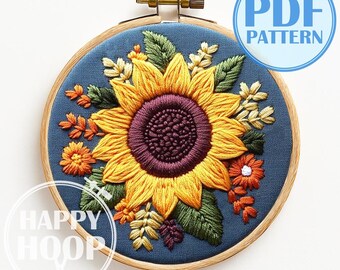 Girasol. Flores de jardín en flor, un patrón sencillo para principiantes. Patrón de bordado a mano en PDF.