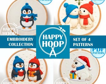 Animali invernali, pony natalizi, pinguini e conigli: accoglienti scene natalizie. Schema per ricamo a mano in PDF, set di 4 modelli.