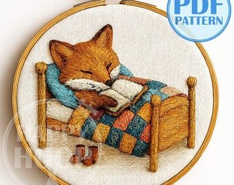 Volpe addormentata, modello per ricamo invernale accogliente. Schema per ricamo a mano in PDF, adatto ai principianti.