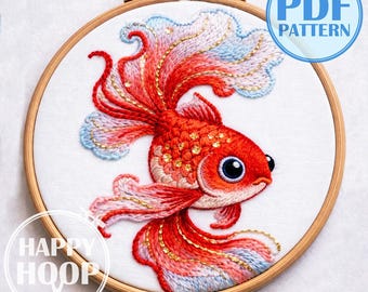 Pesciolini dorati, pesci d'acquario colorati. Semplice schema di ricamo a mano in PDF, adatto ai principianti.