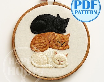 Gatti addormentati, schema di ricamo accogliente. Schema di ricamo a mano in PDF, adatto ai principianti.