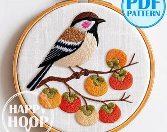 Uccello su un ramo di cachi, passero. Semplice schema di ricamo a mano in PDF, adatto ai principianti.