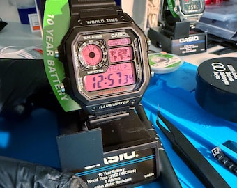 Casio AE1200WH – Custom Mod (pink filter and white LEDs)