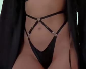 Braguita de arnés con tiras de cuero genuino, lencería negra de cuero auténtico, ropa interior fetiche ajustable