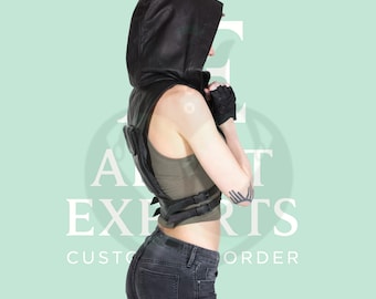Handmade Real Leather Hooded Techwear Crop Vest – Ninja Combat Cyberpunk Black Top