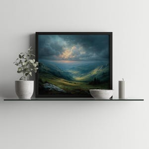 May include: A framed landscape painting shows a valley scene under a dramatic sky. The artwork features a dark frame, a vibrant green valley, and a cloudy sky with a hint of sunlight. A white candle, a small bowl, and a potted plant are on the shelf.