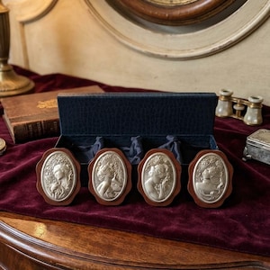 Può includere: Un set di quattro placche metalliche ovali color argento con figure femminili in rilievo, ciascuna montata su una base in legno marrone scuro. Questi oggetti decorativi sono esposti davanti a una scatola rettangolare blu scuro testurizzata.