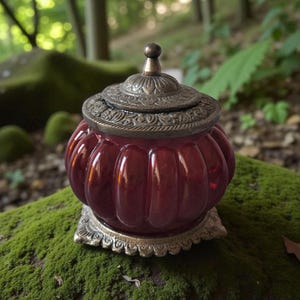 Könnte beinhalten: Ein dekoratives, rubinrotes Glasgefäß mit Deckel. Das Gefäß hat einen abgerundeten, gerippten Körper und einen detaillierten Metalldeckel und -fuß. Der Deckel ist mit einem kleinen Knopf versehen. Das Gefäß steht auf einer moosigen Oberfläche.