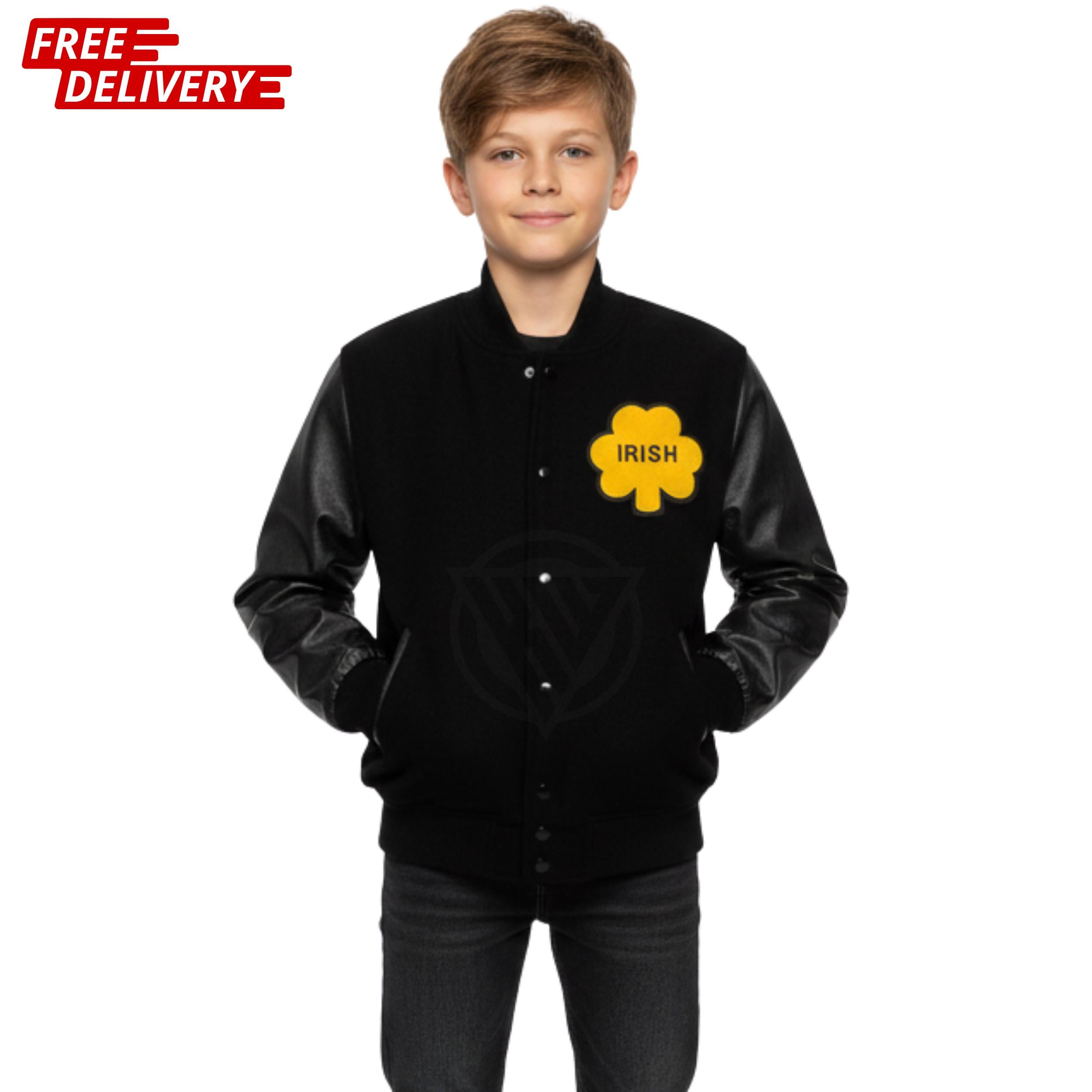 Handmade Rudy Irish Bomber Letterman Varsity Jacket for Kids Black Wool & Real Leather Sleeves Notre Dame Vintage Sports Jacket