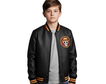 Kids Black Leather Bomber Jacket | Skull Pirate Logo, Winter Coat