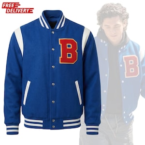May include: A blue varsity jacket featuring a large red letter B with a yellow outline on the chest. The jacket has white sleeves, a striped ribbed collar, cuffs, and hem, and a front button closure with silver-toned metal snap buttons.