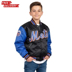 May include: Black satin jacket with blue sleeves and the word "Mets" in blue and orange script. The jacket has a Mets logo patch on the left sleeve and a striped collar and cuffs. The words "FREE DELIVERY" are in red text in the upper left corner.