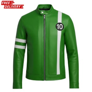 May include: Green leather jacket with a white stripe down the side and white stripes on the sleeves. The jacket has a black and white patch with the number 10. The jacket has a zipper closure and a stand-up collar.