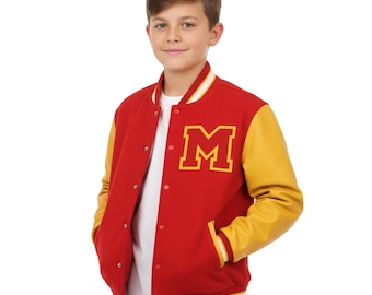Chaqueta universitaria infantil / Cuerpo de lana, mangas de cuero, logotipo bordado