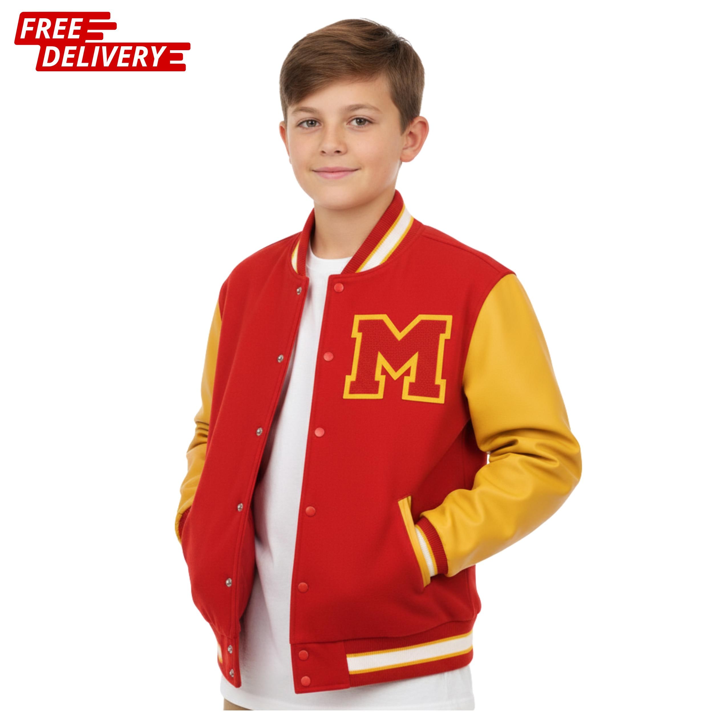 Kids' Letterman Jacket | Wool Body, Leather Sleeves, Embroidered Kids' Letterman Jacket | Wool Body, Leather Sleeves, Embroidered
