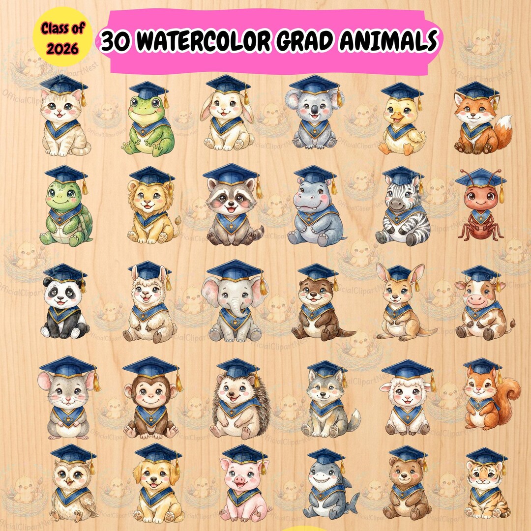 Graduation Animals Clipart 2026, Watercolor Cute Animal PNG, Safari ...