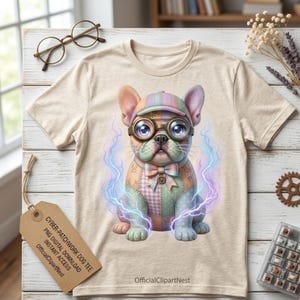 Pastell Cyberpunk Fransk Bulldog Clipart, Neon Patchwork Hund PNG, Futuristisk Valpgrafik för Planner Stickers och Scrapbook Elements